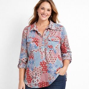 Talbots Geometric Print Rayon Tunic Blouse Roll Tab Sleeve Women LP